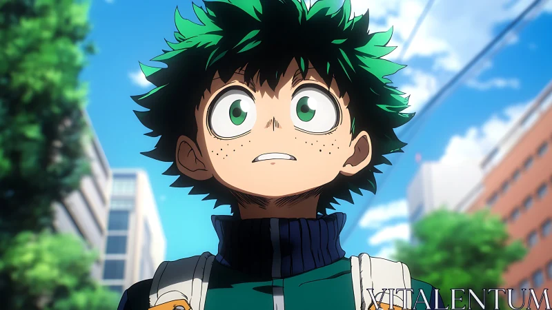 Wide-eyed green haired student gazing at city sky.