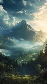 Digital landscape shows alpine peak above forested valley