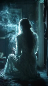 Ghostly woman in lace before haunted portrait, backlit glow.