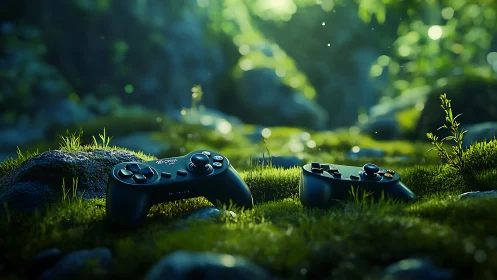 Two game controllers rest gently in a lush green forest glade