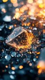 Macro bokeh close-up of faceted crystal shard with warm glow