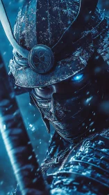 Cybernetic samurai warrior in snow, frosted armor, blue glow