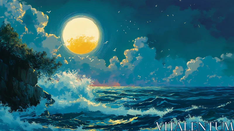 Radiant moon ignites stormy ocean under towering clouds.