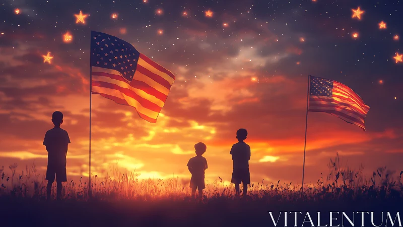 Children Stand in Wonder Under Glowing American Flags at Sunset