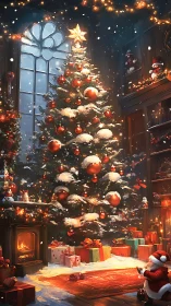 Snowlit Christmas tree in warm festive living room interior.