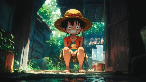Straw hat boy sitting in sunlit rustic wooden doorway.