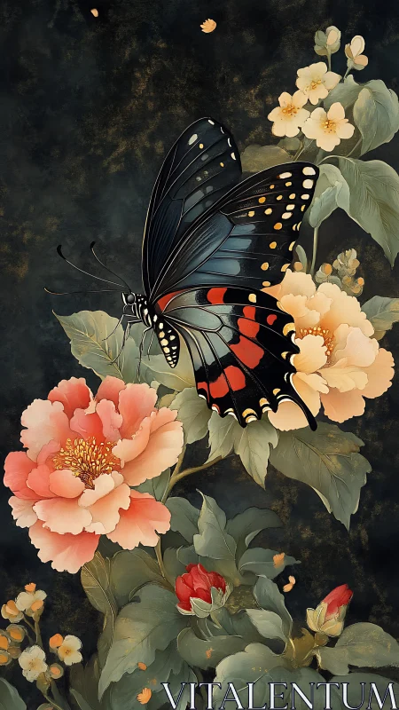 Midnight swallowtail resting among luminous peonies.