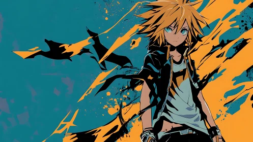 Neon-slashed rebel hero strides through teal chaos storm.