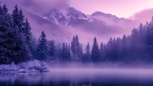 Purple dawn mist over snowy alpine forest lake panorama.