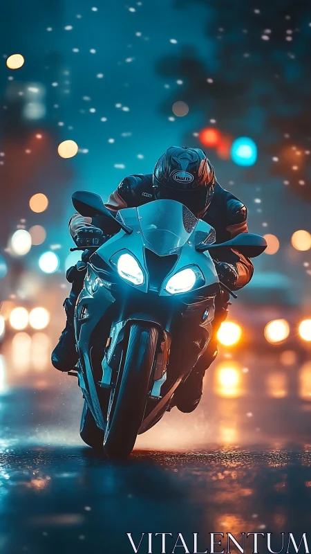 Motorcyclist rides sport bike through wet city street at night