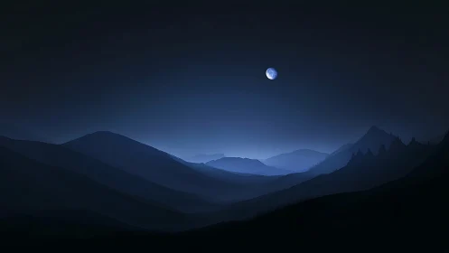 Moonlit blue gradients reveal layered mountain silhouettes