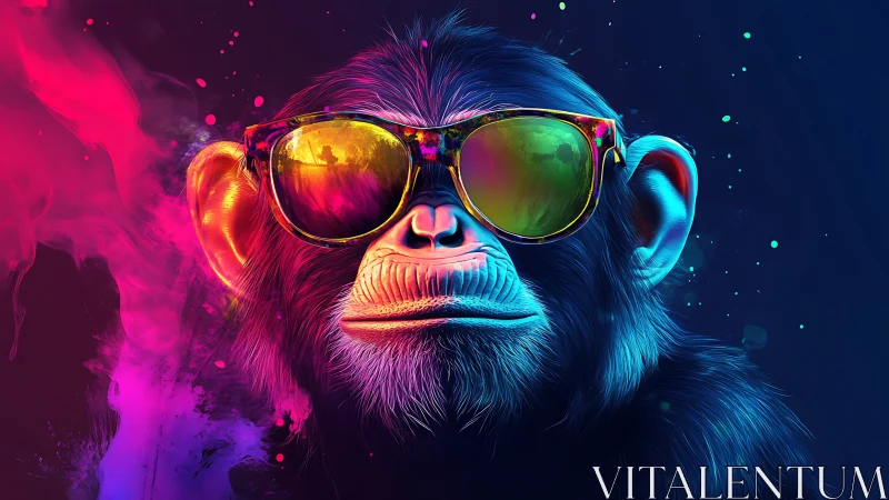 Neon-slick chimpanzee coolly patrols a cosmic color storm