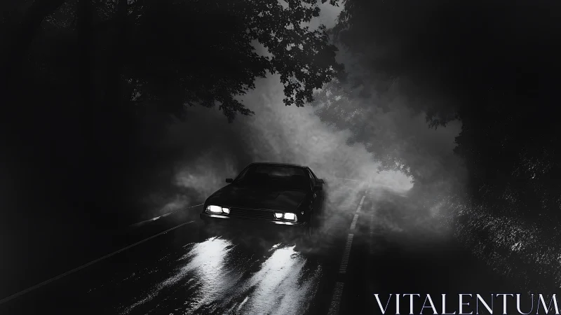 Headlights in the mist: a lonely night drive unfolds.