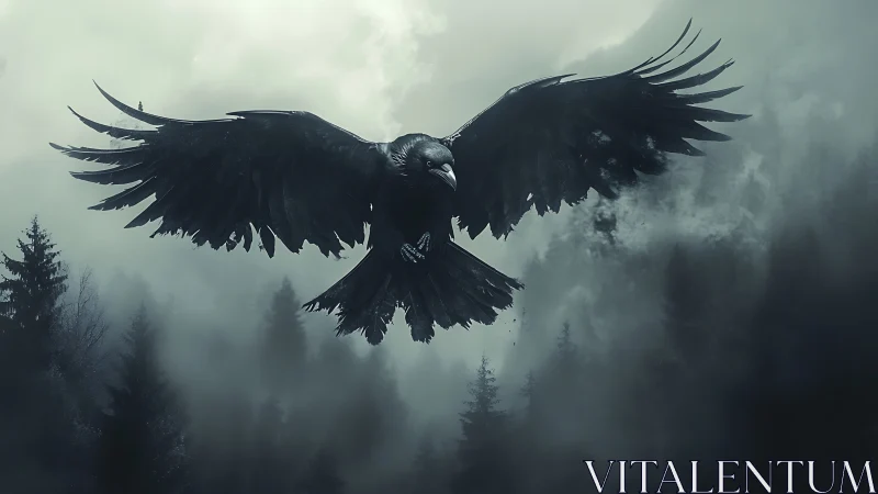 Midnight raven glides calmly above a misty forest valley