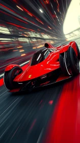 Futuristic red race car cuts neon speed tunnel in motion.