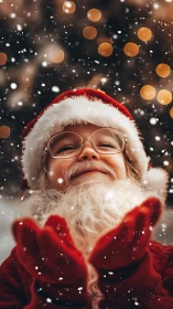 Child in Santa costume under shallow depth-of-field snowfall bokeh