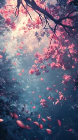 Soft twilight canopy with drifting blush-pink leaves.
