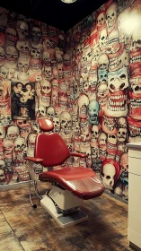 Red dental chair in clinic room with skull mural walls.