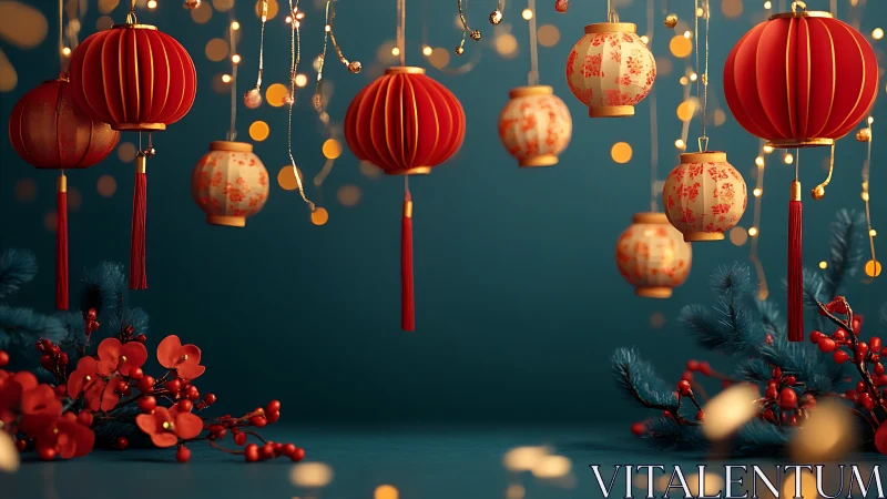 Warm red lanterns glow gently above festive floral branches