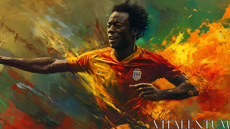 Dynamic digital painting of soccer player in orange kit.