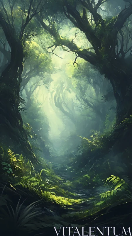Ethereal Forest Passage: Where Sunlight Weaves Through Ancient Canopies.