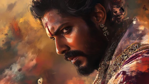 Stormlit warrior prince narrows his gaze through painted fire