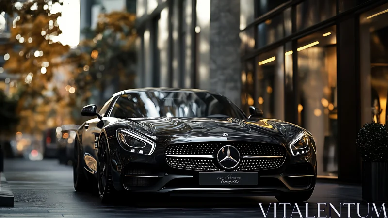 High-gloss Mercedes sports coupe rendered in urban dusk lighting