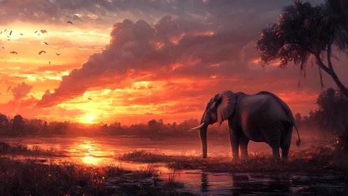 Radiant savanna hydrology with silhouetted elephant subject.