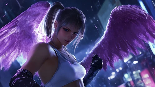 Neon winged warrior stands defiant in a rain-soaked city night