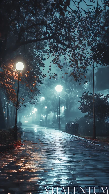 Misty nocturnal park path rendered in cinematic blue tones