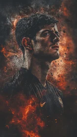 Intense male footballer portrait in fiery digital art.