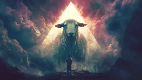 Colossal glowing sheep confronts lone figure before triangle