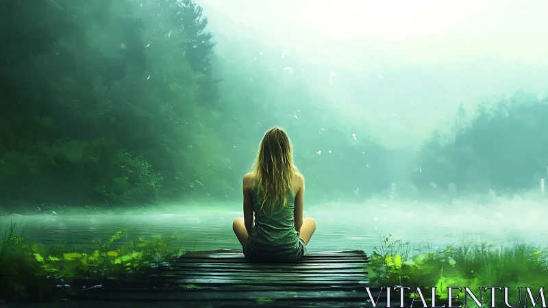 Solitary figure on lakeside dock in mist-saturated forestscape.