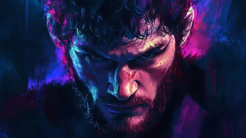 Intense male portrait rendered in neon cyan and magenta light