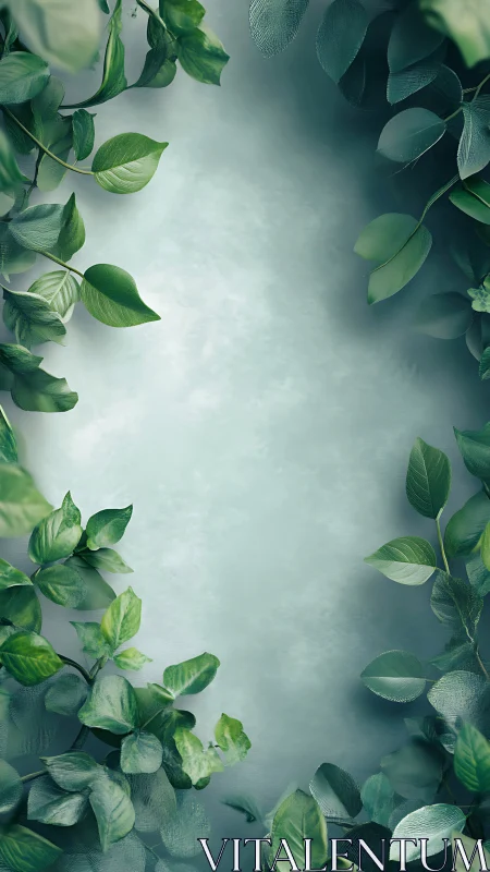Soft green foliage frames a tranquil misty background.