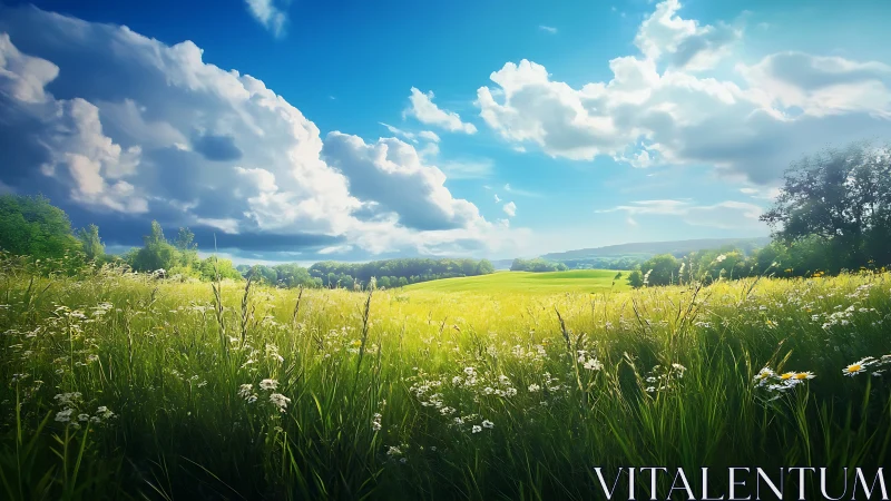 Sunlit wildflower meadow stretches under towering summer clouds