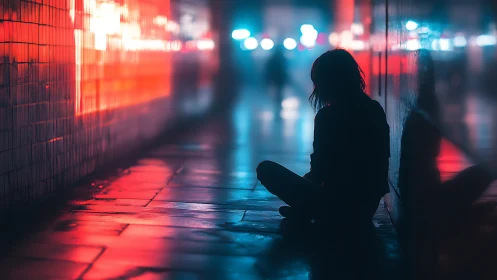 Silhouetted figure sits in neon tunnel under moody city lights