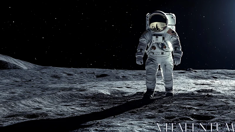 Lunar surface astronaut in stark sidelight and deep shadow.