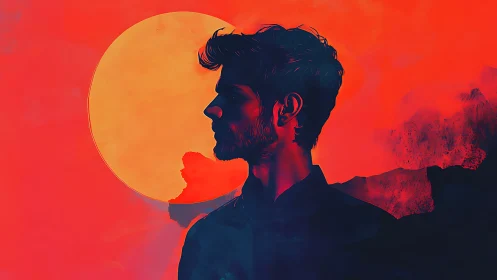 Silhouette of male profile against large circular backdrop.