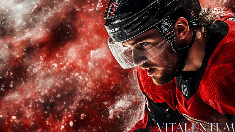 Intensity on Ice: focused hockey player in red jersey.