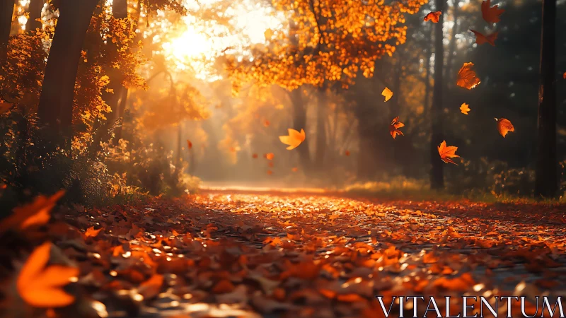 Backlit autumn forest path with drifting leaves and soft bokeh