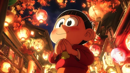 Joyful child in lantern-lit autumn festival street at dusk.