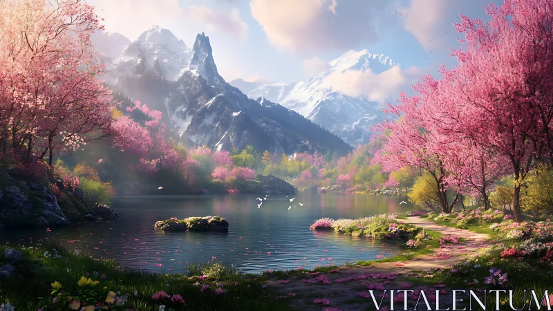Blossoming mountain lake under snowcapped peaks in spring.