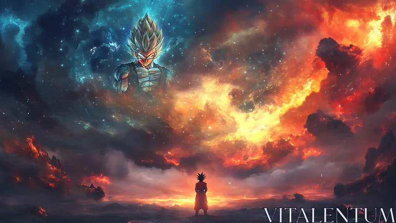 Cosmic duel beneath blazing skies of storm and starlight.