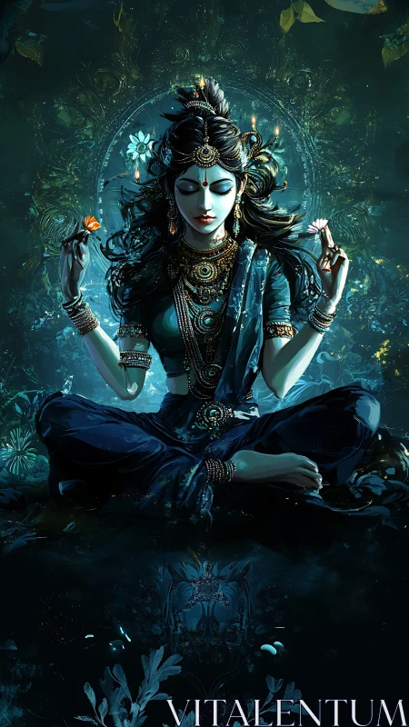 Seated ornate female figure in teal environment, meditative pose.