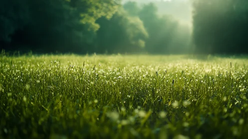 Morning meadow close-up under soft green backlighting.