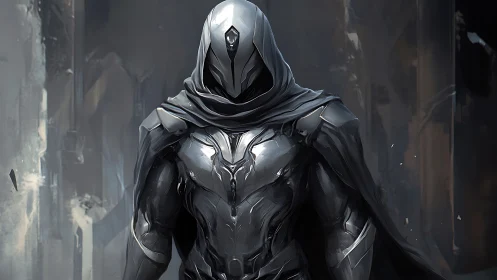 Hooded futuristic armored figure in a dark sci fi setting.