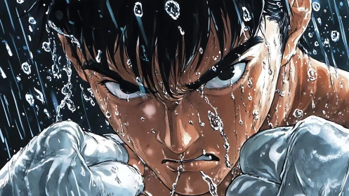 Intense anime boxer under dynamic rainfall, close-up portrait.