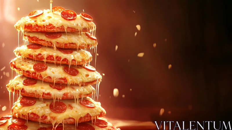 Tower of stacked pepperoni pizzas rendered in glossy 3D light