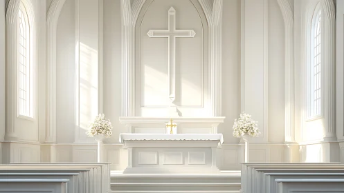 Sunlit minimalist white chapel altar with central Latin cross